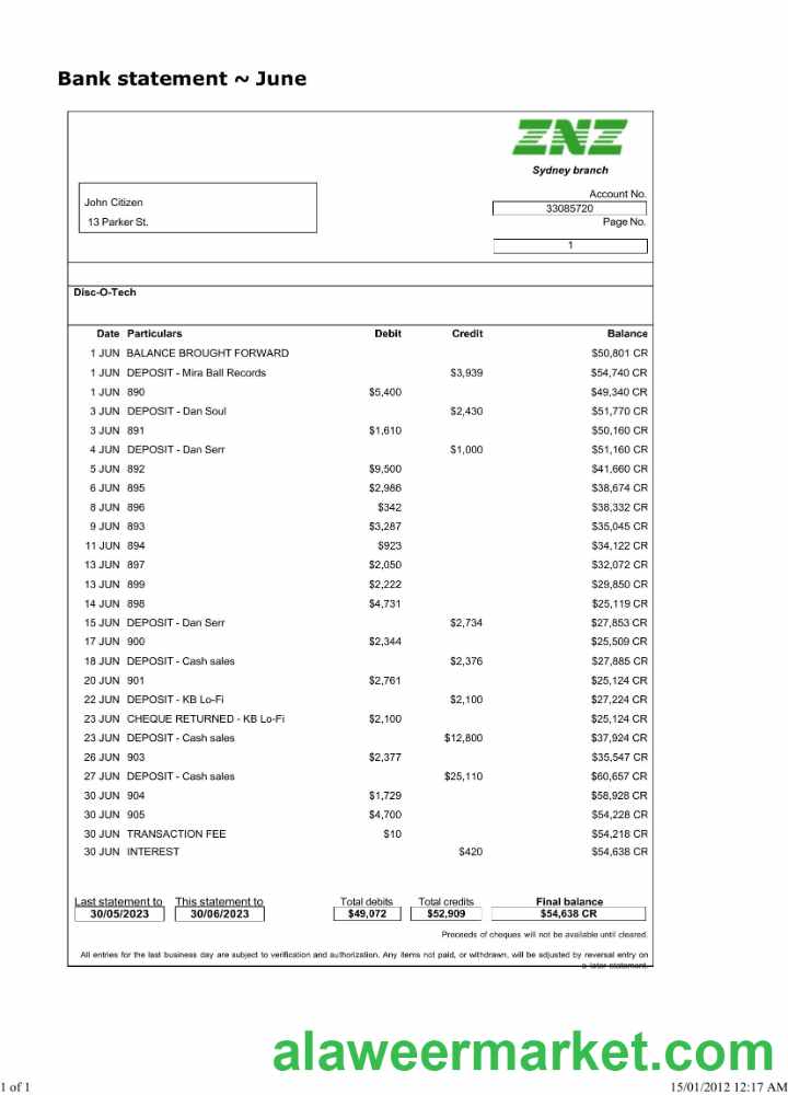 Sydney ZNZ bank statement Word and PDF template scr